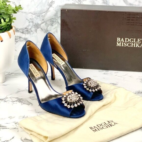 Badley Mischka Satin Peep Toe Rhinestone Heels - Picture 1 of 12